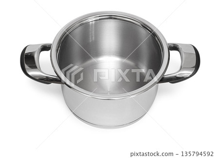Stainless steel cooking pot with black handles from above 135794592