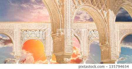 Arches in Islamic (Moorish) style (against the sunset) in Alhambra, Granada, Spain Arches in Islamic (Moorish) style (against the sunset) in Alhambra, Granada, Spain 135794634