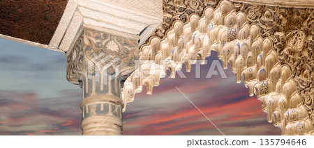 Arches in Islamic (Moorish) style (against the sunset) in Alhambra, Granada, Spain Arches in Islamic (Moorish) style (against the sunset) in Alhambra, Granada, Spain 135794646