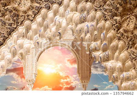Arches in Islamic (Moorish) style (against the sunset) in Alhambra, Granada, Spain Arches in Islamic (Moorish) style (against the sunset) in Alhambra, Granada, Spain 135794662