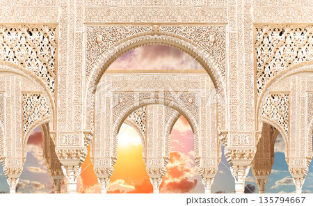 Arches in Islamic (Moorish) style (against the sunset) in Alhambra, Granada, Spain Arches in Islamic (Moorish) style (against the sunset) in Alhambra, Granada, Spain 135794667