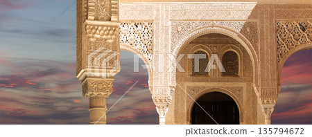 Arches in Islamic (Moorish) style (against the sunset) in Alhambra, Granada, Spain Arches in Islamic (Moorish) style (against the sunset) in Alhambra, Granada, Spain 135794672