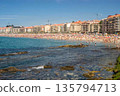 A beach with a large crowd of people and a blue ocean 135794713