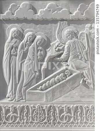 Myrrhbearers at empty tomb finding christ resurrected Myrrhbearers at empty tomb finding christ resurrected 135794749