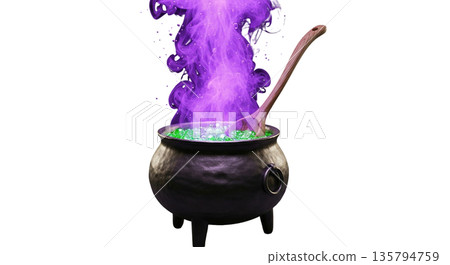 Magical purple potion brewing in cauldron with wooden spoon 135794759