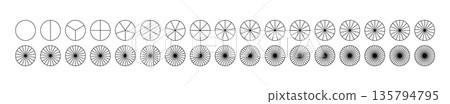Segmented charts. Parts of diagram wheel from 1 to 34. Pie chart template Sectors divide the circle on equal parts. Outline black graphics. Set of pie charts, pizza charts. Segments infographic. Segmented charts. Parts of diagram wheel from 1 to 34. Pie chart template Sectors divide the circle on equal parts. Outline black graphics. Set of pie charts, pizza charts. Segments infographic. 135794795