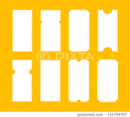 Pattern of ticket for circus, theater, cinema, festival, casino, club. Simple boarding lottery, blank minimalist sale coupon. Empty flat ticket templates. Admit ticket mockups on yellow background. 135794797
