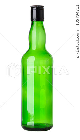 Empty green glass bottle with black cap on transparent background 135794811