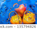 High contrast oil drops floating on blue liquid, vivid modern macro texture. 135794826