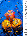 Blue liquid with layered oil bubbles and warm reflections, abstract stock background. 135794827