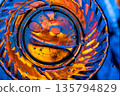 Vibrant oil and water swirl with blue and orange tones, dynamic abstract macro art. 135794829