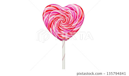 Heart shaped lollipop with pink and red swirls on white stick 135794841