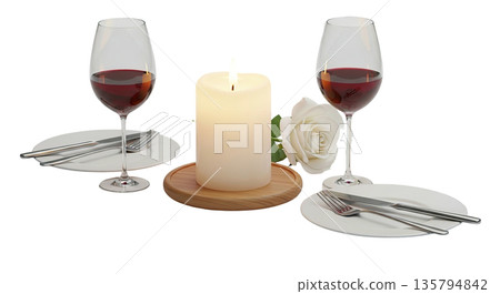 Romantic dinner setting with wine glasses and candle Romantic dinner setting with wine glasses and candle 135794842