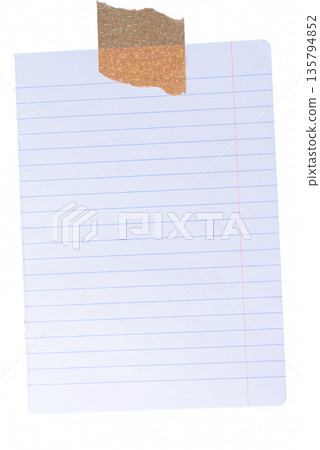 A clean piece of white-lined paper with a single piece of masking tape attached to the top right corner. A simple, minimalist design element for notes or information. On a transparent background. A clean piece of white-lined paper with a single piece of masking tape attached to the top right corner. A simple, minimalist design element for notes or information. On a transparent background. 135794852