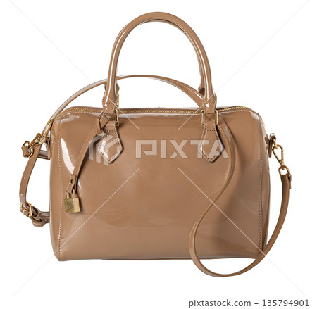 Beige patent leather handbag with gold accents 135794901
