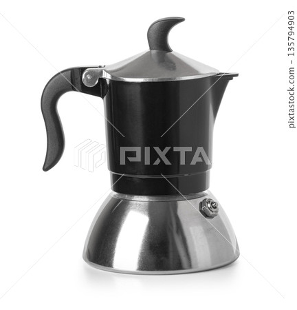 Black and silver moka pot brewing espresso coffee 135794903