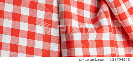 Gingham fabric with red and white checkered pattern 135794906