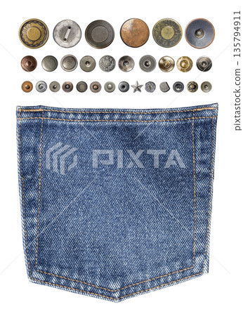 Denim jeans pocket with various metal buttons and rivets Denim jeans pocket with various metal buttons and rivets 135794911
