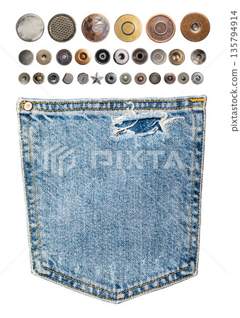 Denim pocket with torn fabric and metal rivets Denim pocket with torn fabric and metal rivets 135794914