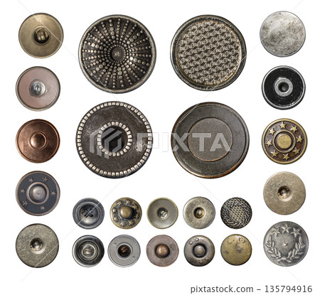 Assortment of vintage jeans buttons and clothing rivets Assortment of vintage jeans buttons and clothing rivets 135794916