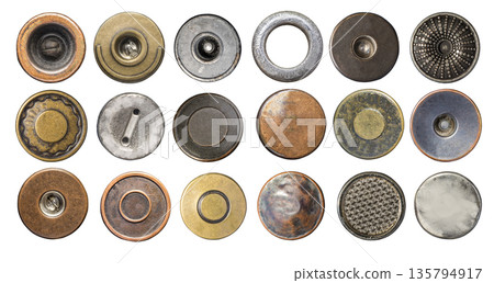 Collection of vintage metal buttons and rivets, transparent background 135794917