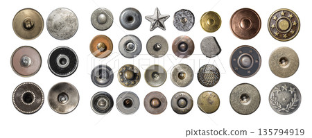 Collection of metal jeans buttons and rivets on transparent background 135794919