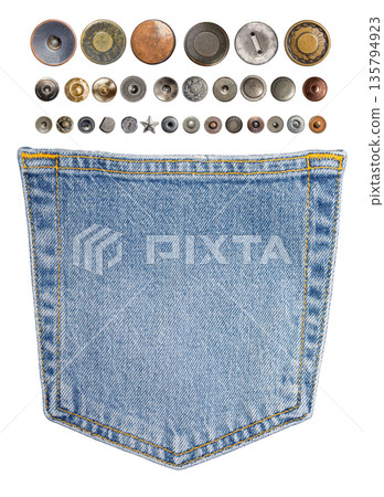 Denim pocket with sewing and metal rivets set Denim pocket with sewing and metal rivets set 135794923