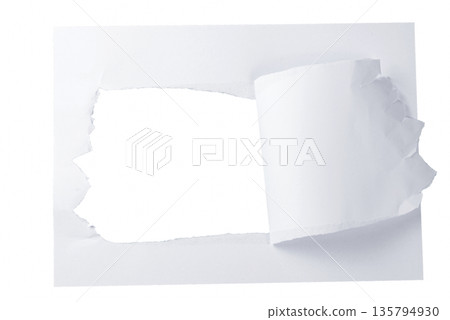 A white paper sheet with the top-left corner realistically rolled up, revealing a transparent background. Perfect for page curl effects or attention-grabbing elements. 135794930