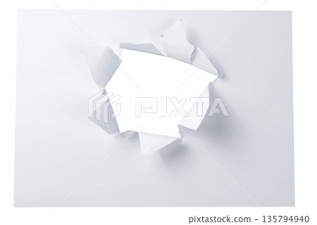 A small, natural torn hole in the center right of a white paper sheet, isolated on a transparent background. A subtle design element for emphasis or revelation. A small, natural torn hole in the center right of a white paper sheet, isolated on a transparent background. A subtle design element for emphasis or revelation. 135794940