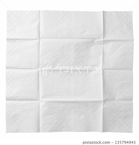 Close-up of a folded and crumpled white paper texture, isolated for use as a background, overlay, or abstract design element. 135794943