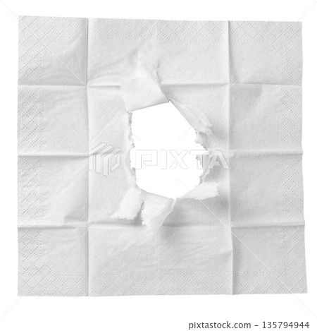 A natural, rough torn hole in a piece of white paper, revealing the background. A versatile design element for minimalist or grunge themes. On a transparent background. 135794944