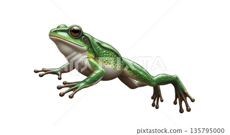 Green frog in mid jump with vibrant details 135795000