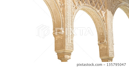 Arches in Islamic (Moorish) style (Carved on white background) in Alhambra, Granada, Spain Arches in Islamic (Moorish) style (Carved on white background) in Alhambra, Granada, Spain 135795047
