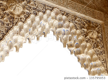 Arches in Islamic (Moorish) style (Carved on white background) in Alhambra, Granada, Spain Arches in Islamic (Moorish) style (Carved on white background) in Alhambra, Granada, Spain 135795053