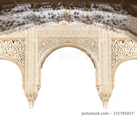 Arches in Islamic (Moorish) style (carved on white background) in Alhambra, Granada, Spain Arches in Islamic (Moorish) style (carved on white background) in Alhambra, Granada, Spain 135795057