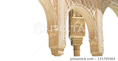 Arches in Islamic (Moorish) style (carved on white background) in Alhambra, Granada, Spain Arches in Islamic (Moorish) style (carved on white background) in Alhambra, Granada, Spain 135795064