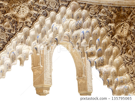 Arches in Islamic (Moorish) style (carved on white background) in Alhambra, Granada, Spain Arches in Islamic (Moorish) style (carved on white background) in Alhambra, Granada, Spain 135795065