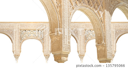 Arches in Islamic (Moorish) style (carved on white background) in Alhambra, Granada, Spain Arches in Islamic (Moorish) style (carved on white background) in Alhambra, Granada, Spain 135795066