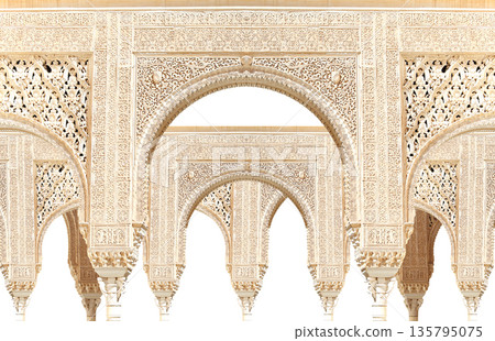Arches in Islamic (Moorish) style (carved on white background) in Alhambra, Granada, Spain Arches in Islamic (Moorish) style (carved on white background) in Alhambra, Granada, Spain 135795075
