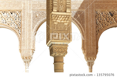 Arches in Islamic (Moorish) style (carved on white background) in Alhambra, Granada, Spain Arches in Islamic (Moorish) style (carved on white background) in Alhambra, Granada, Spain 135795076