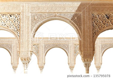 Arches in Islamic (Moorish) style (carved on white background) in Alhambra, Granada, Spain Arches in Islamic (Moorish) style (carved on white background) in Alhambra, Granada, Spain 135795078