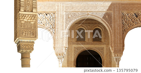 Arches in Islamic (Moorish) style (carved on white background) in Alhambra, Granada, Spain Arches in Islamic (Moorish) style (carved on white background) in Alhambra, Granada, Spain 135795079