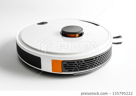 Modern and sleek robotic vacuum cleaner designed for efficiency. It moves seamlessly across surfaces. Perfect for home automation and smart living. Generative AI 135795222