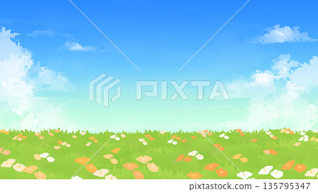 繁花似錦的草地和藍天背景 繁花似錦的草地和藍天背景 135795347