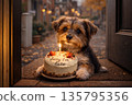 Adorable small dog holding a birthday cake with a candle and the text Sorry I'm late 135795356