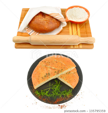 Set of Traditional Flatbread with Flour and Rolling Pin Set of Traditional Flatbread with Flour and Rolling Pin 135795359