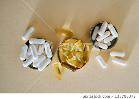 Nutritional supplements in capsules providing health and wellness benefits 135795372