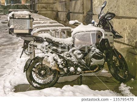 Adventure Motorcycle Under Snow 135795470