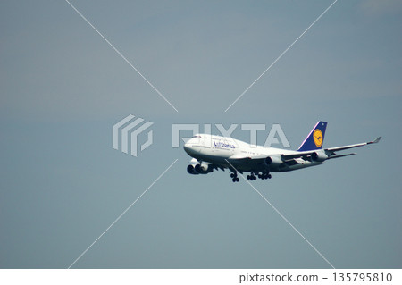 Frankfurt, Germany, July 9, 2017: Boeing 747-400 on Final Approach to Frankfurt Airport 135795810