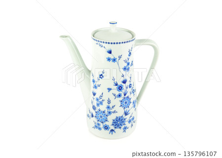 Vintage Porcelain Coffee Pot with Blue Floral Pattern 135796107